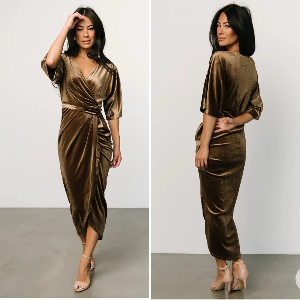 NWT Baltic Born Brendyn Ruched Velvet Dress Brushed Bronze